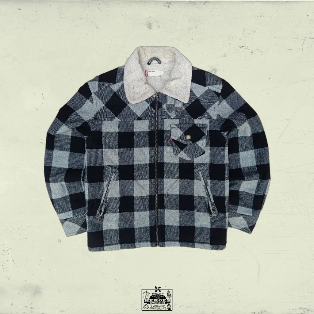 Levi's Trucker Plaid Sherpa Jacket Flannel Cheeks Wool Black And White Pattern