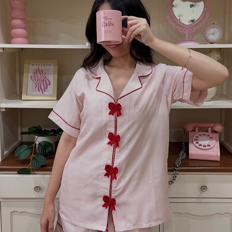 [ OFFDAYS ] Cherie Bowie Pajama Set | Baju Tidur Pita | Ribbon Pajama Set