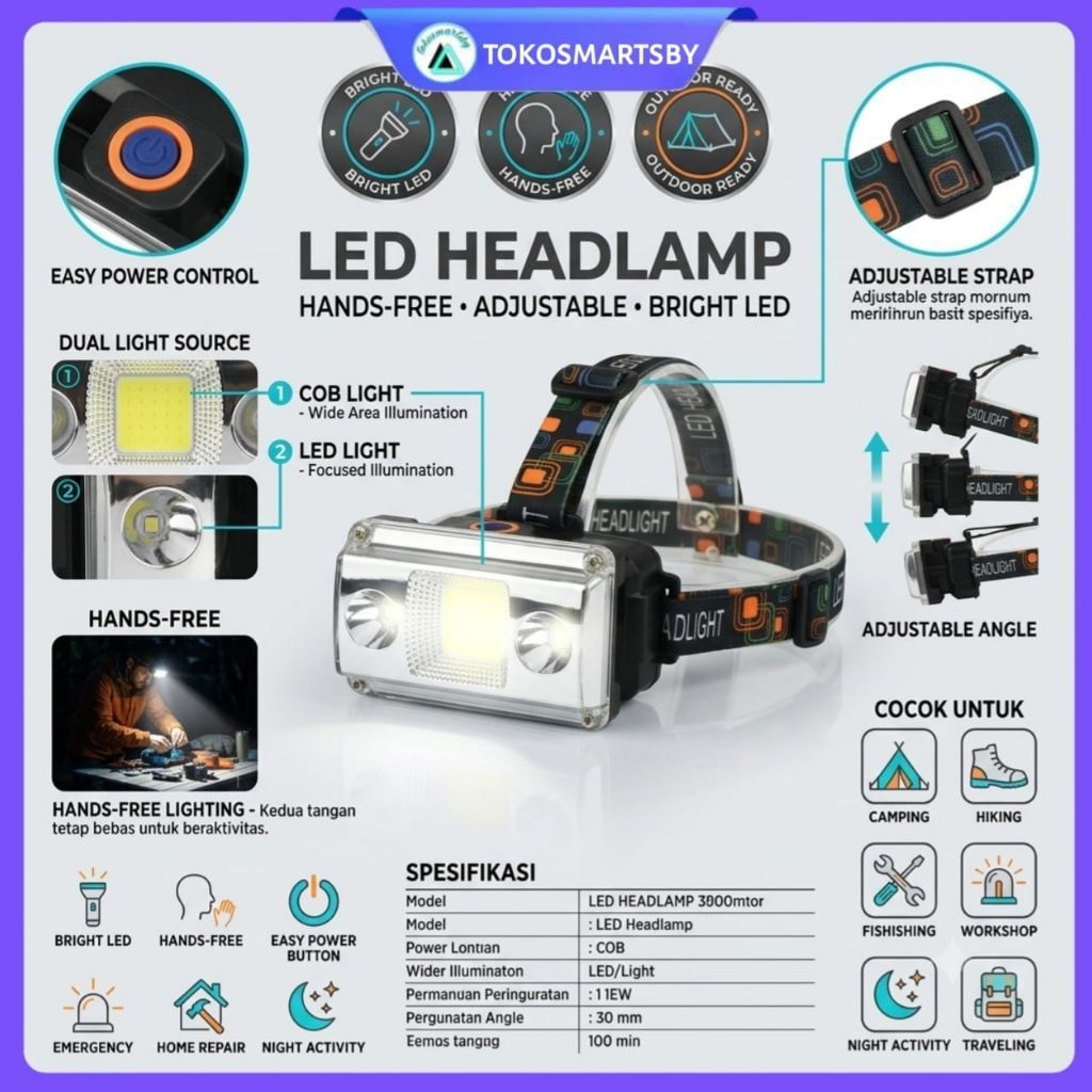 Senter Kepala LL-6653 / Headlight 50 Watt COB + Sorot
