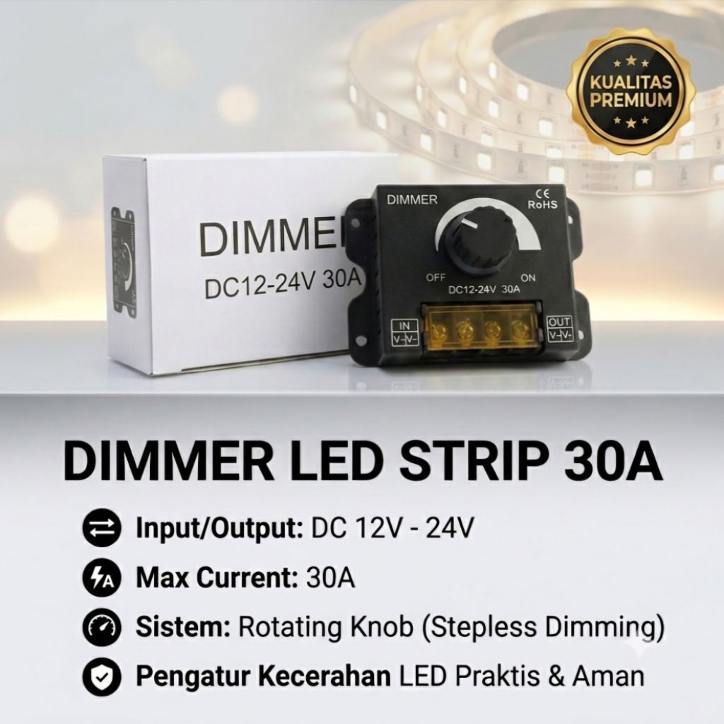 Dimmer Led Strip / Dimmer Lampu Led DC 12V 24V / Pengatur Kecerahan Led Lampu Strip 30A DC 12V-24V