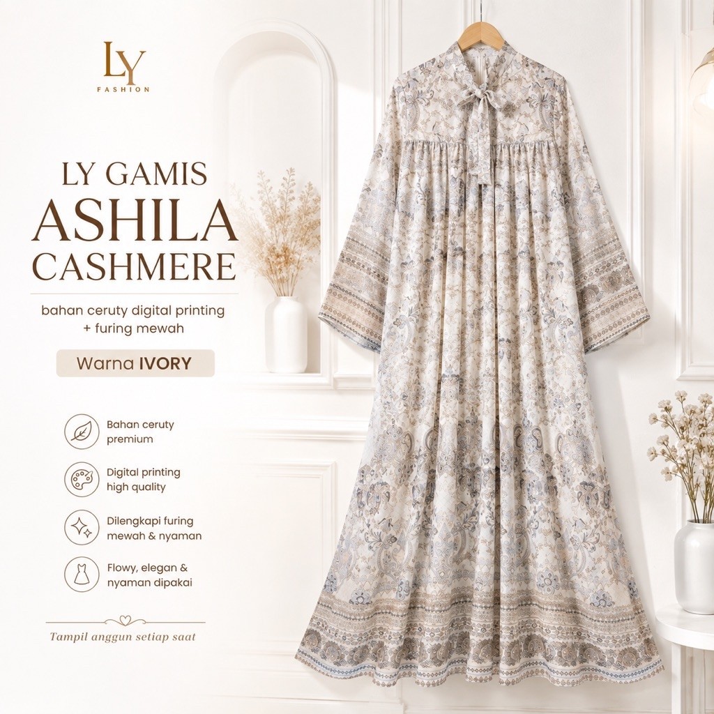 [Bisa Cod] LY GAMIS ASHILA CASHMERE  Gamis elegan dengan cutting flowy