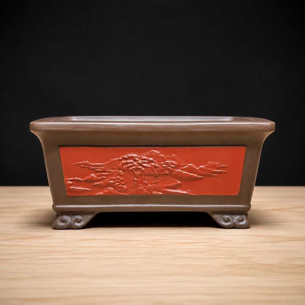 Pot Bonsai Mame Kotak Relief Motif Landscape 19×15×7,5 cm Doff Semen Minimalis Premium untuk Bonsai 