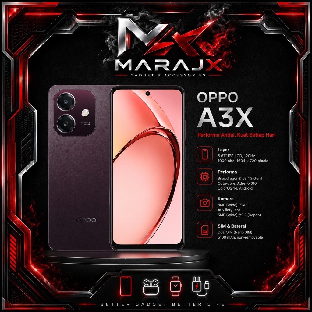 OPPO A3x 4G 6.67 Inch 120Hz Snapdragon 6s 4G Gen1 5100mAh Garansi Resmi