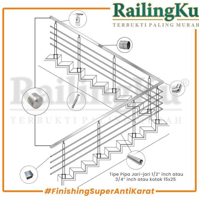 Tiang Railing Tangga Stainless + Kayu Mahoni RK 74