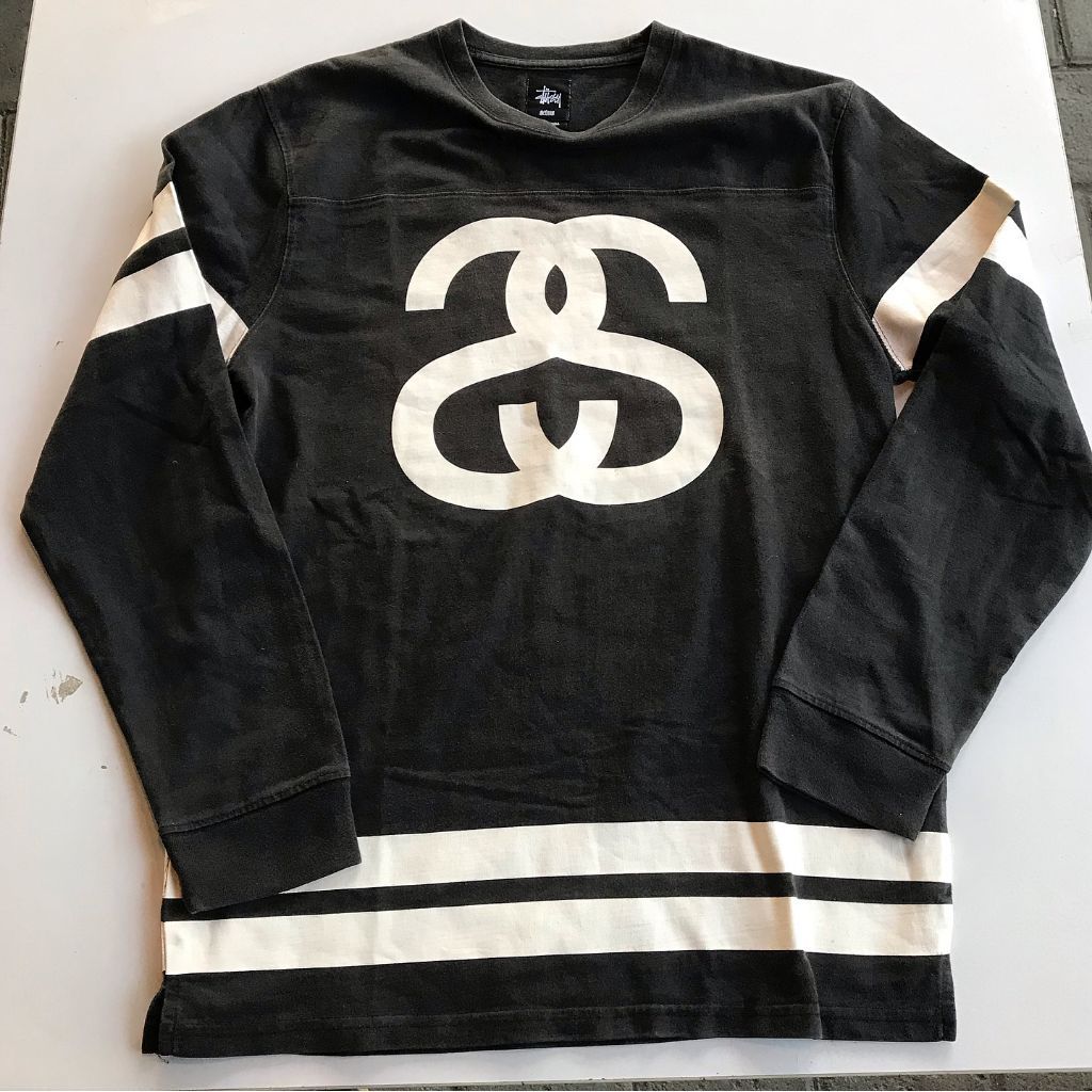 Vintage Stussy Double Stripe Football L/S Tee in BlackStussy Crewneck Sweater Size M Made In India