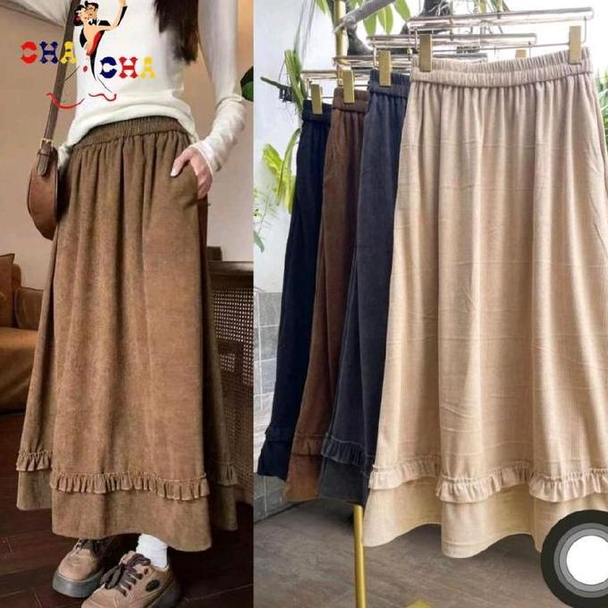 CHASHOP - Rok Corduroy Rumbai/ Rok Import Casual Wanita Panjang Maxi