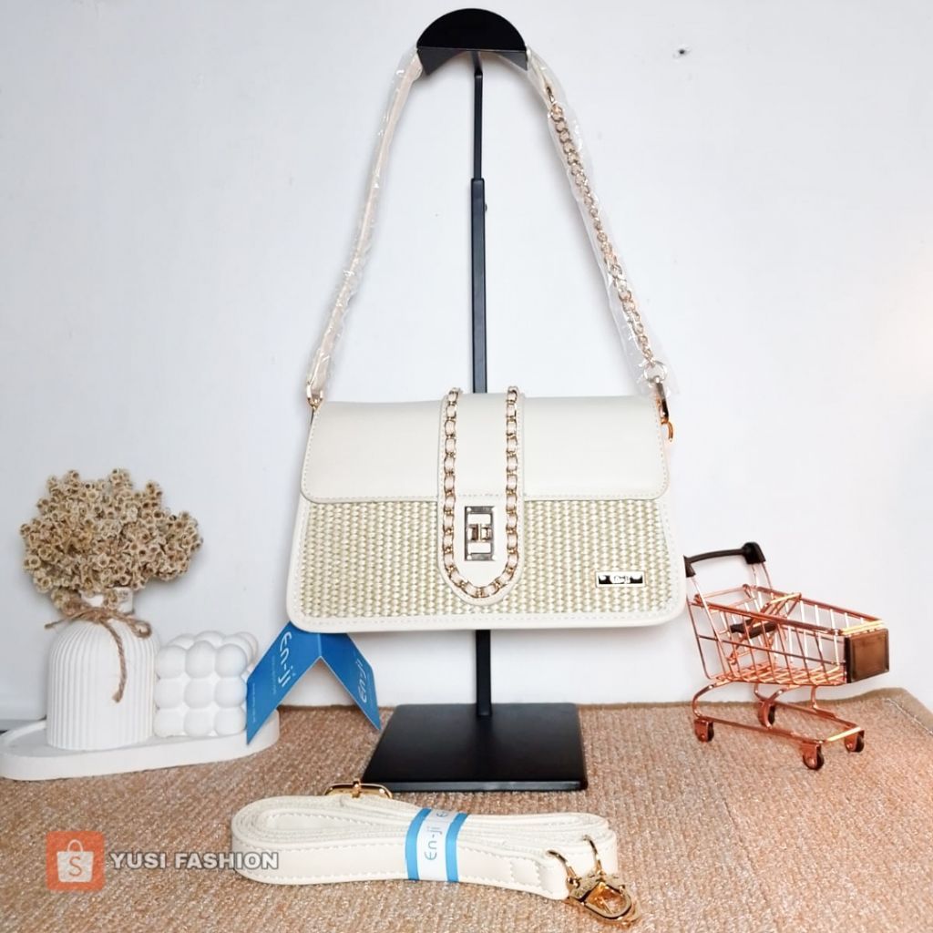 Tas Enji Dalsa Original 2in1 Shoulder Sling Bag Anyaman Rantai Rose Gold Free Dustbag