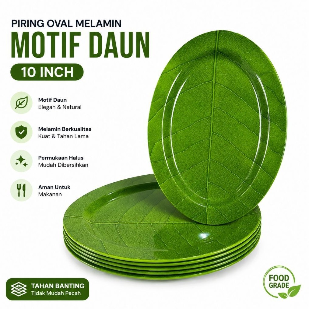 Piring Oval Melamin 10 Inch Motif Daun 6/12 Pcs Piring Saji Lonjong Melamine