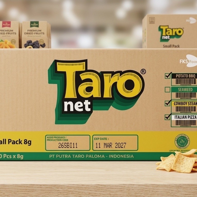 Taro net 1 dus isi 6 renteng / Taro 1000an 1 dus rumput laut barbeque