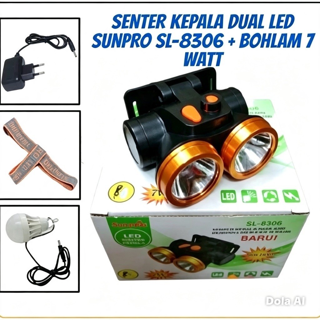 COD SENTER KEPALA SUNPRO SL-8306 LED 7WATT JARAK 1400M KUNING DAN PUTIH 2 IN 1