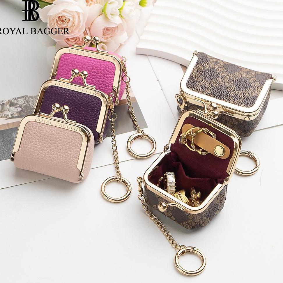 Royal Bagger Tas Koin Mini dari Kulit Asli, Dompet Koin dengan Kunci Tekan Warna Polos, Tas Penyimpa