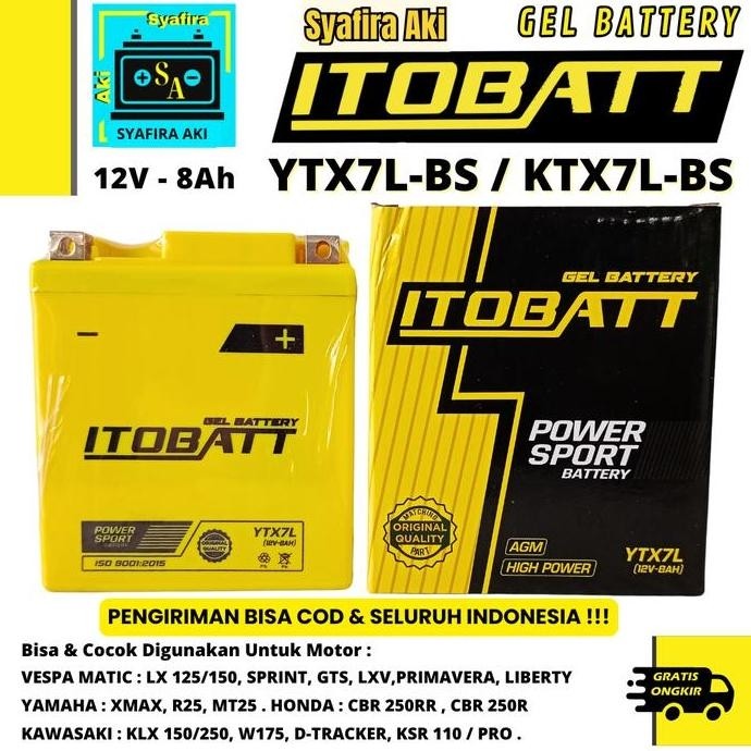 TERBARU - Aki Vespa Primavera ITOBATT GEL YTX7L-BS / KTX7L-BS 12v 8Ah