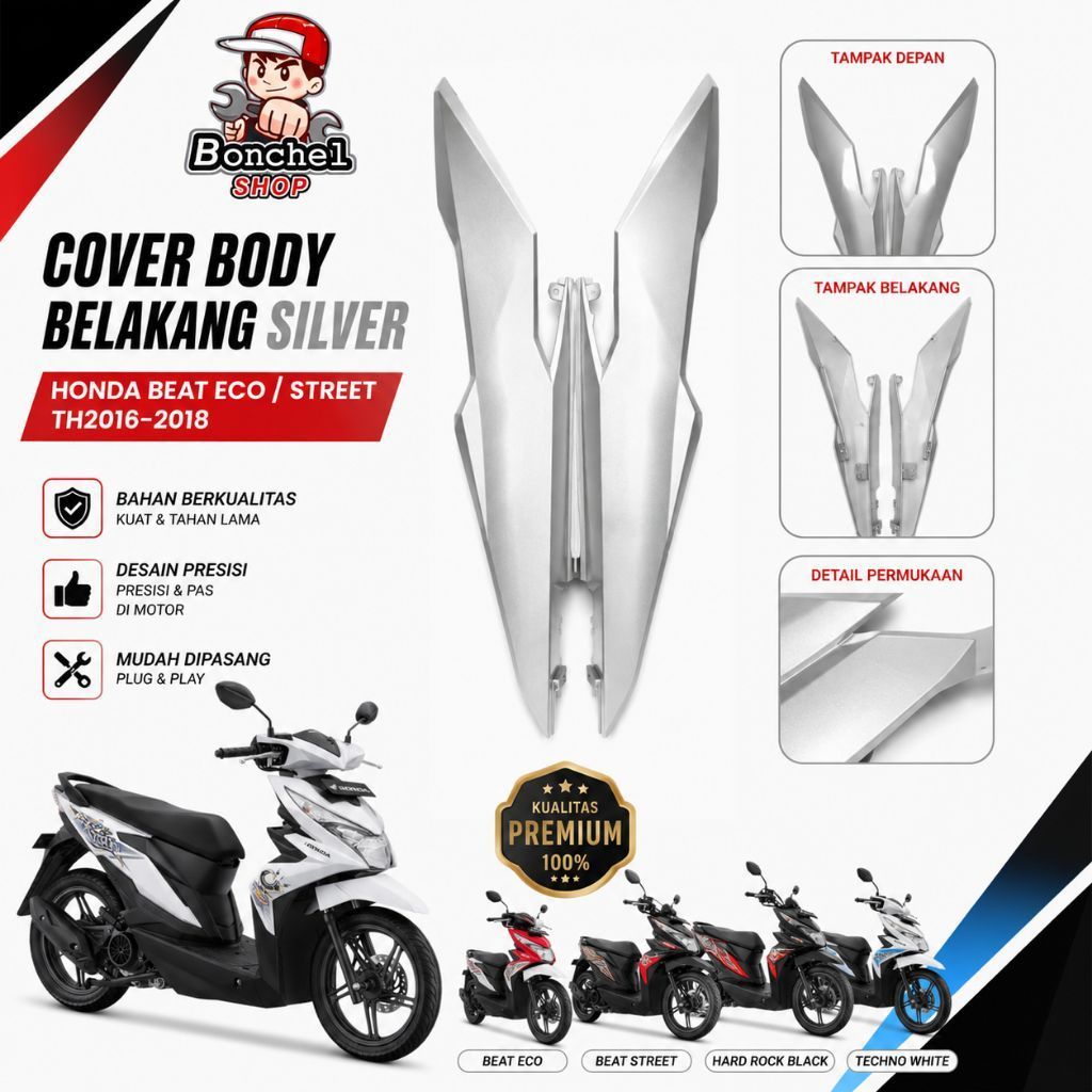 Cover Body Belakang Silver Honda Beat Eco Street TH 2016-2018 Bonchel Shop