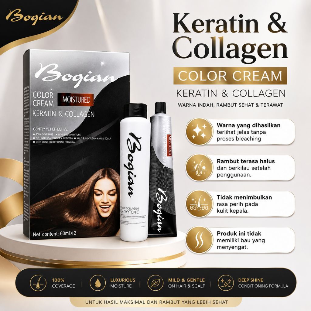 BOQIAN BUY 1 GET 1 - Bogian Hair Color Cream Keratin & Collagen 60ml | PROMO CUCI GUDANG MURAH