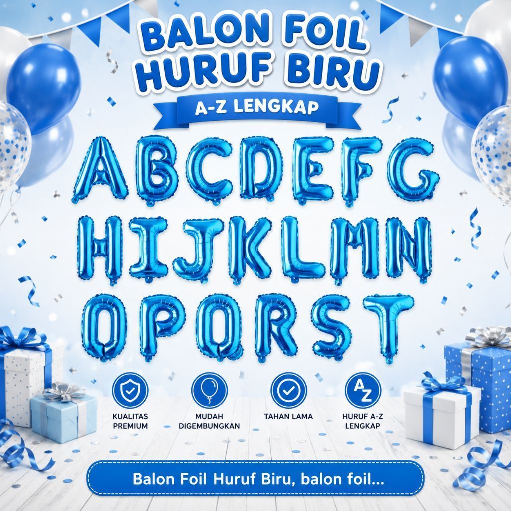 Balon Foil Huruf Biru, balon foil huruf, balon foil, balon huruf, balon pesta