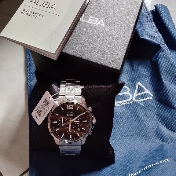 ALBA Jam Tangan Pria Stainless Steel 42mm Silver Dial Brown Tahan Air 10 Bar