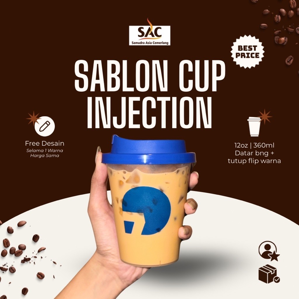 Sablon Cup 12oz inject Datar/Oval Lid Flip Warna