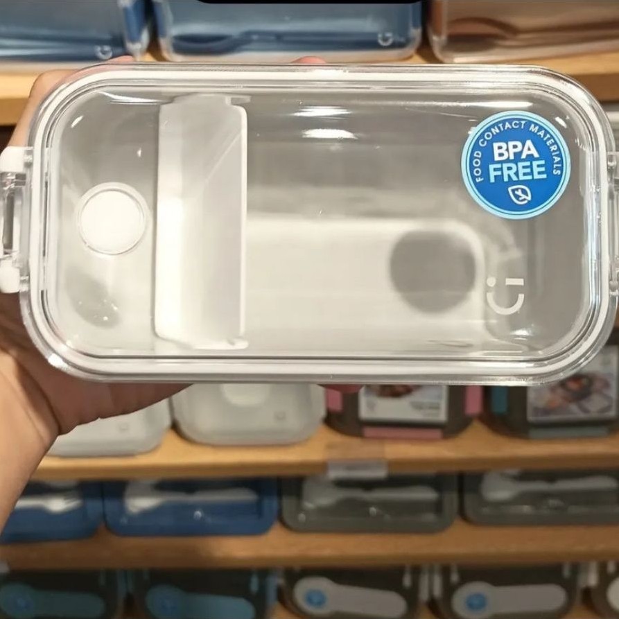 miniso bento box kotak bento kotak bekal tempat bekal white putih cream set alat makan sendok garpu 
