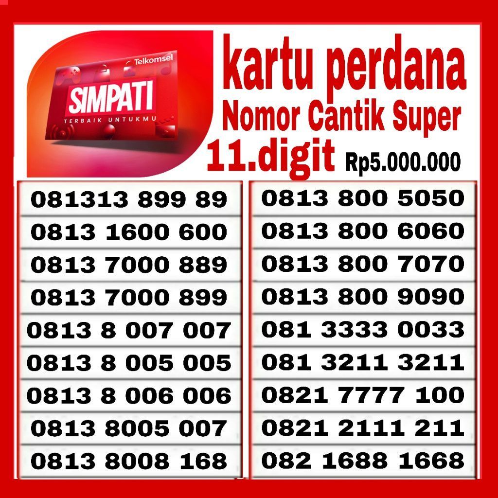 Simpati kartu perdana Telkomsel nomor cantik 11.angka dan 12 angka