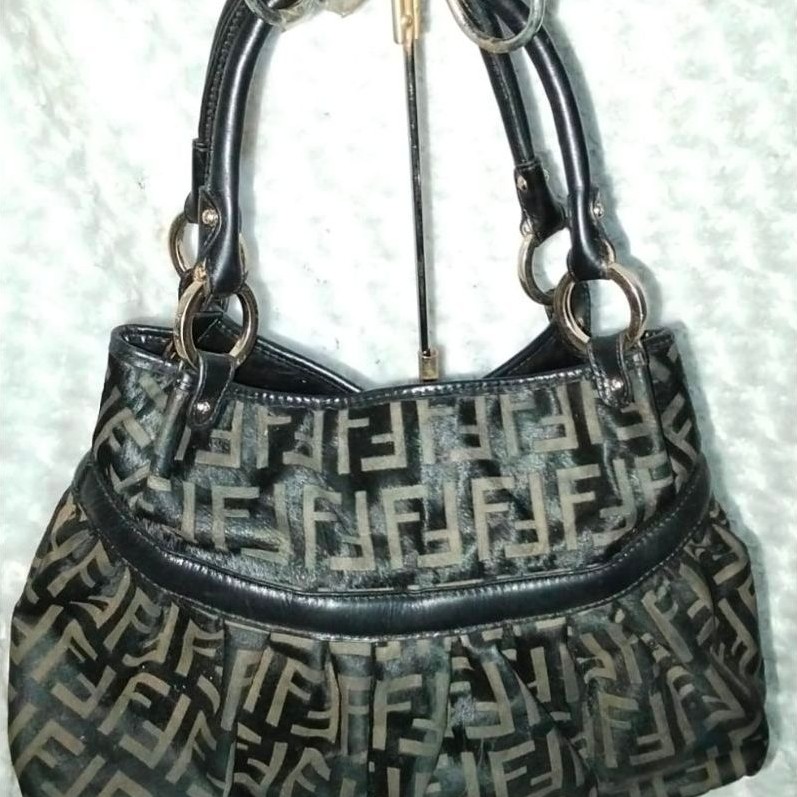 Fendi Zucca Black Leather Hair Horse Shoulder Tote Bag