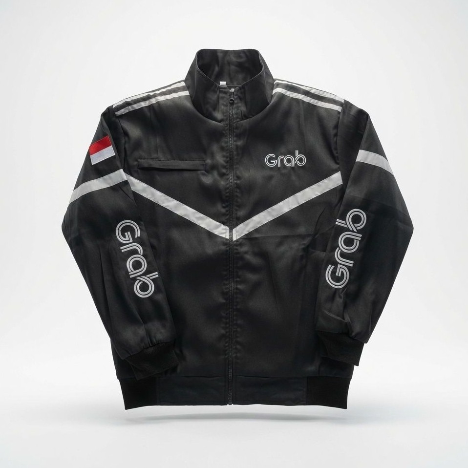 Jaket Driver Ojol Terbaru GRAB FULL HITAM Bahan Tasslan Waterfroop keren Logo dan atribut Full Bordi