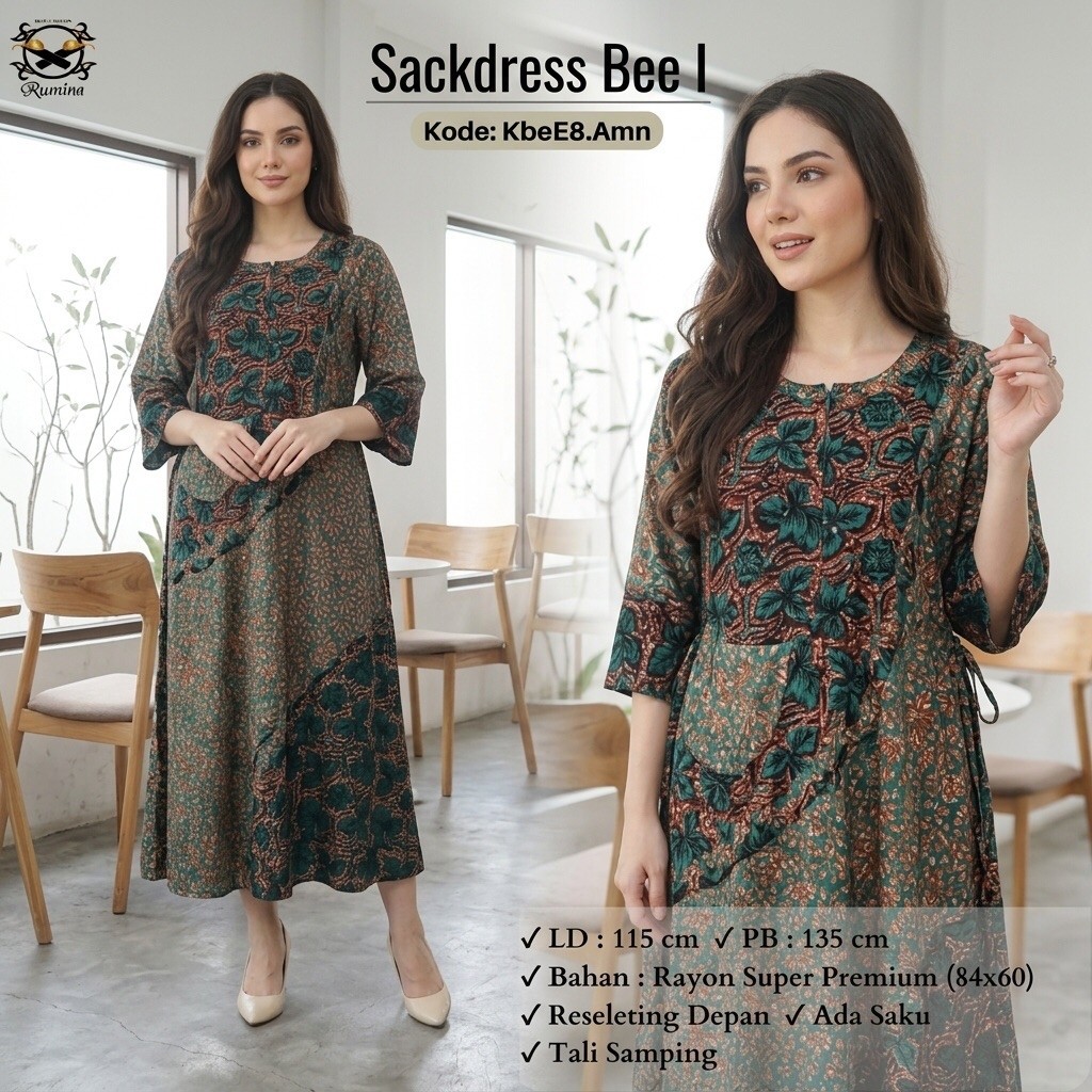 RUMINA (LD 115 PB 135) Sackdress BEE 1 Cantik Premium Bahan Rayon Santung Super Adem dan Nyaman Ori 