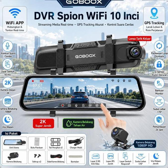 goboox 2K HD Dashcam Spion Mobil WiFi GPS 10 Inch Full Touch Streaming Media Voice Control