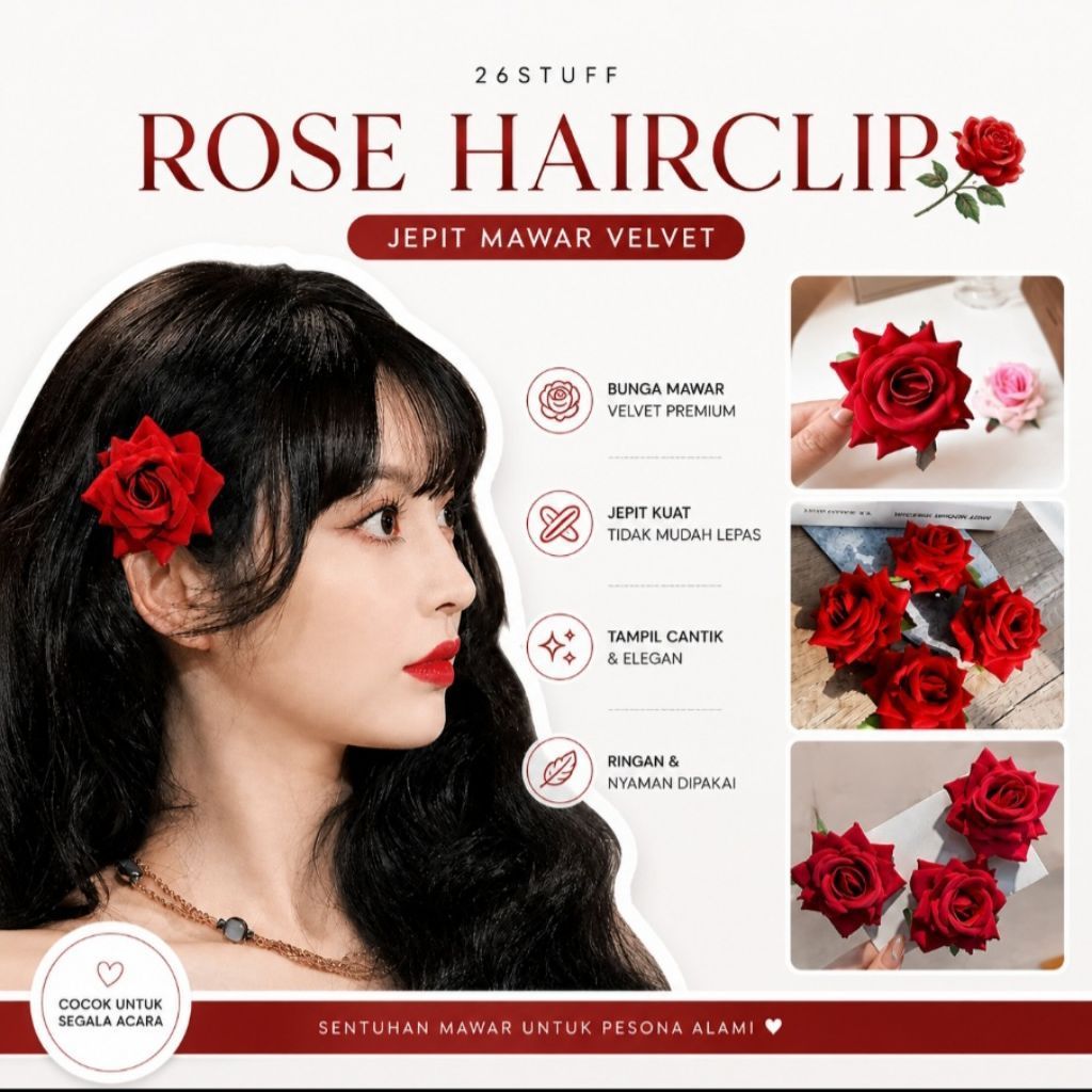 Jepitan Rambut Korea Motif Mawar Merah Besar/Jepit Bunga Mawar Besar