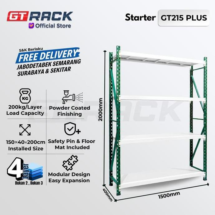 Rak Gudang Besi Gt Rack Gt215 Plus - 200Kg 4 Susun 2 Meter Lebar 40Cm Panjang 150Cm - Barang Tingkat