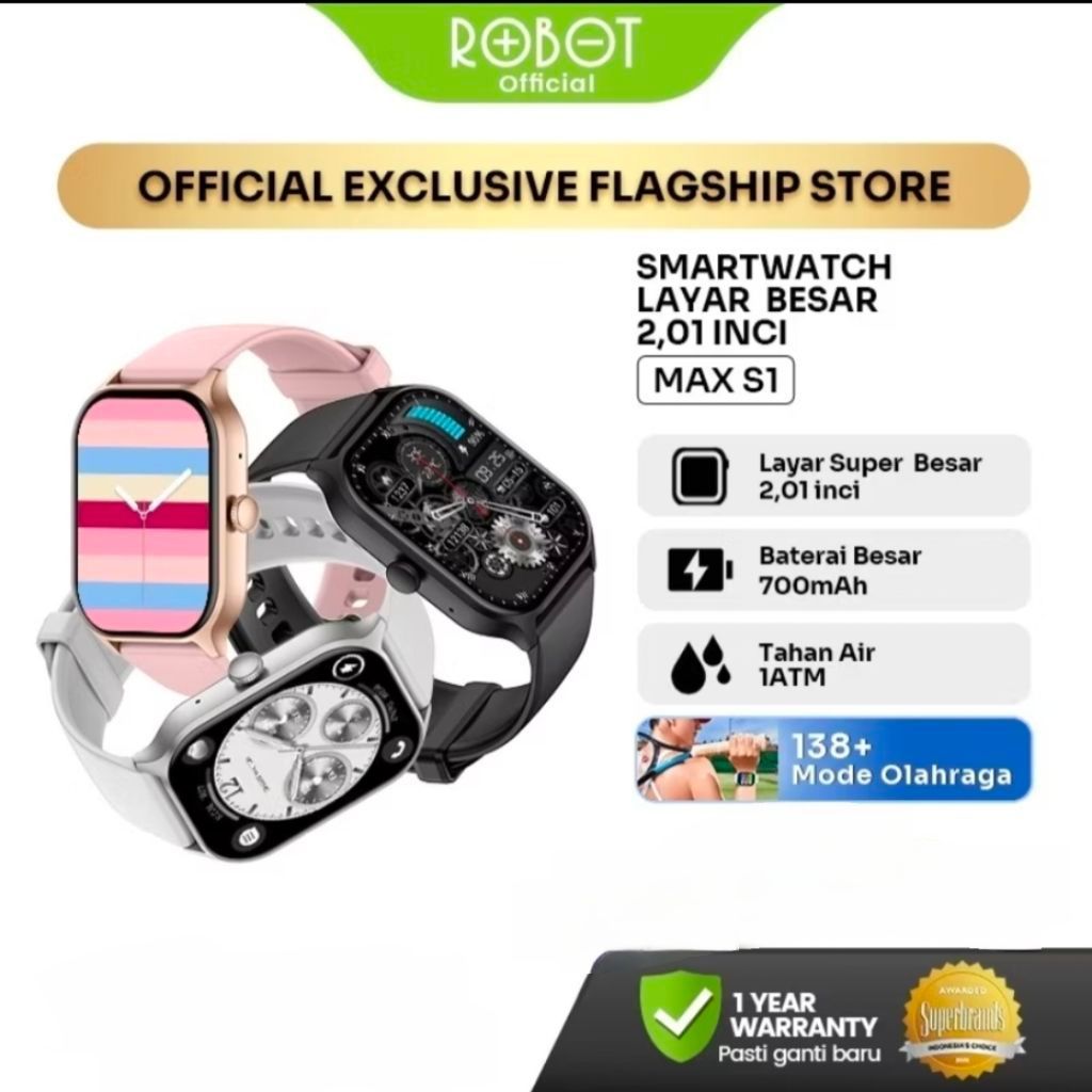 ROBOT Smartwatch MAX S1 Jam Tangan Pintar Layar 2.01 Inci Bluetooth Call Tahan Air 1ATM Jam Tangan O