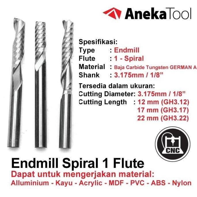 Lapakkibo - Endmill Aluminium 3.175 Mm - 1 Flute Spiral Cnc Router Bit Mata Potong Aluminium Akrilik