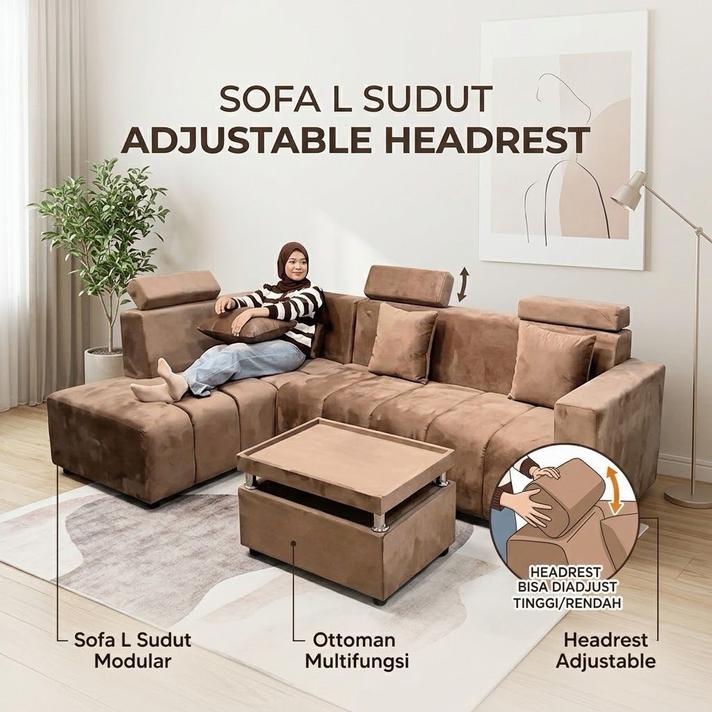 Sofa L Sudut Adjustable Headrest dengan Meja Tamu / Kursi Tamu L Sudut Headrest Adjustable / Sopa Su