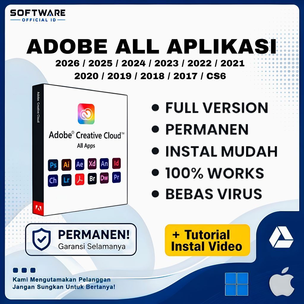 Adobe All Aplikasi ( Photoshop, Illustrator, InDesign, After Effect, Premiere Pro, Acrobat DC Pro, M
