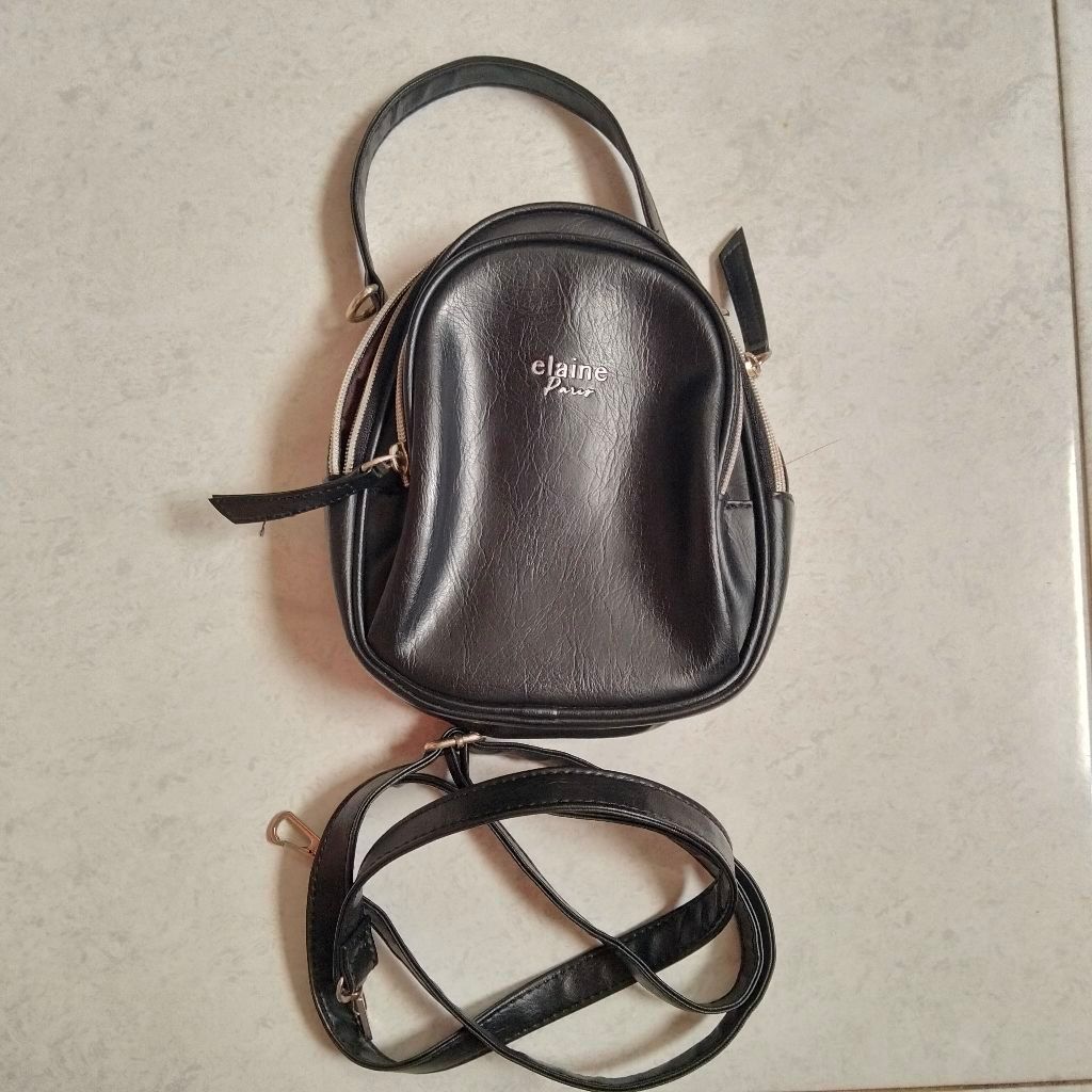 Tas Selempang Wanita elaine Paris warna hitam model mini dengan tali panjang