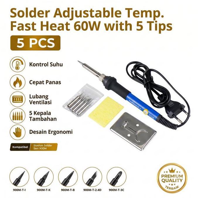 Solder Listrik 60 Watt Iron Automatic Set Lengkap Dengan 5 Pcs Mata Solder Kecil Temperatur Dapat Di