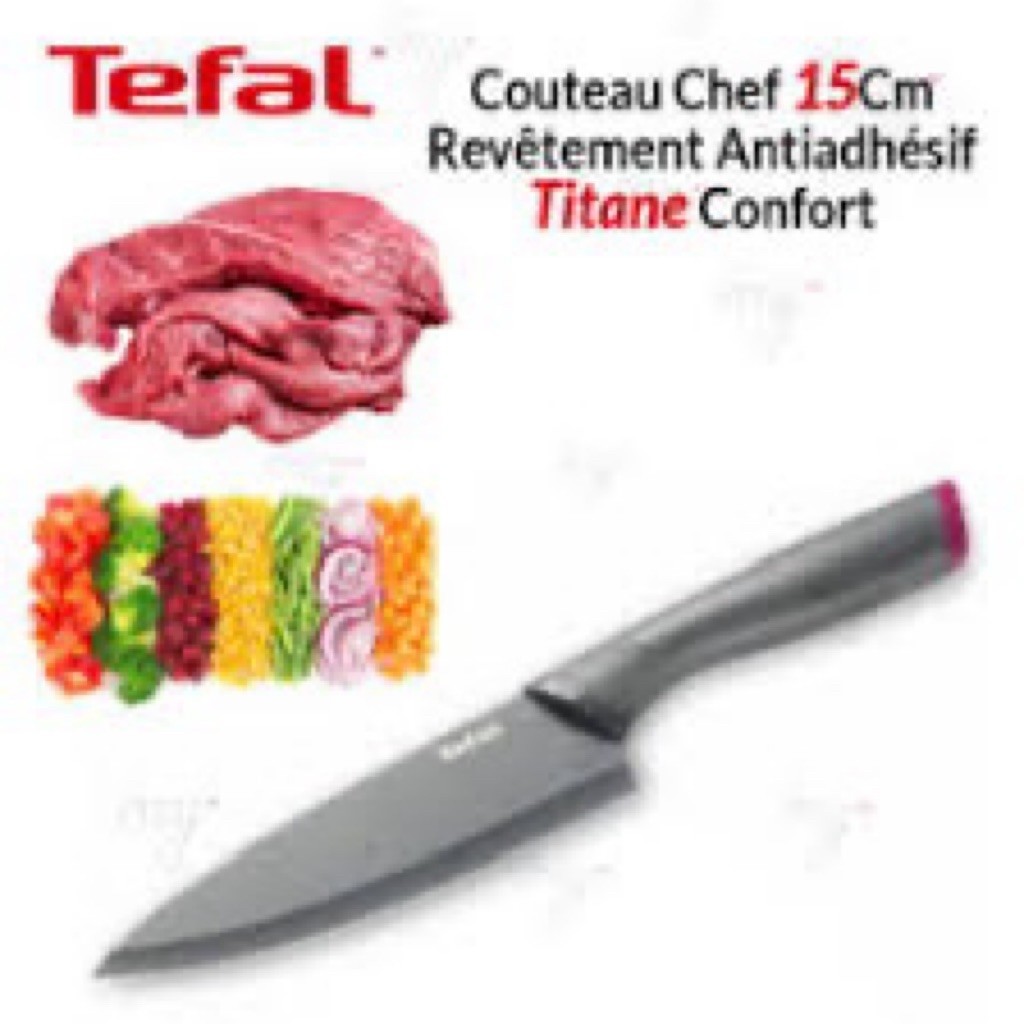 Pisau Chef Tefal 15cm Titanium Rainforced Cowting warna hitam