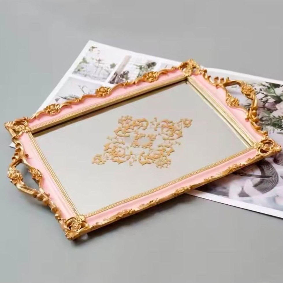 Nampan Pink Resin Kaca Ukir Aesthetic Gold Emas