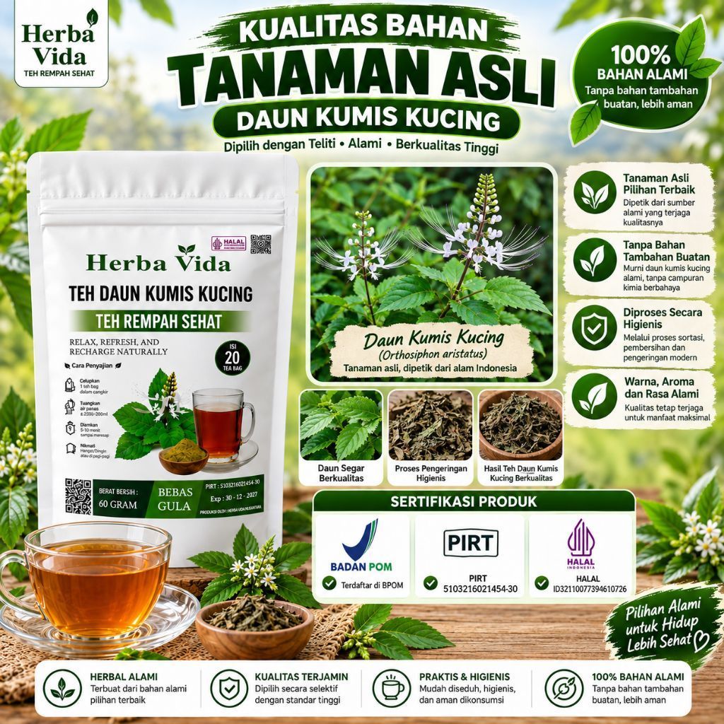 Teh Kumis Kucing Premium – Teh Herbal Batu Ginjal | Peluruh Kencing Alami | Daun Kumis Kucing Kering