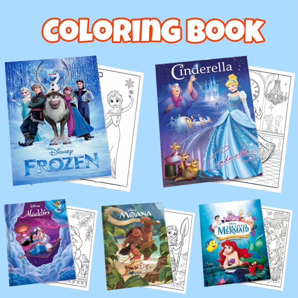 Buku mewarnai disney Frozen - coloring book 12 halaman Moana - buku gambar Cinderella - coloring boo