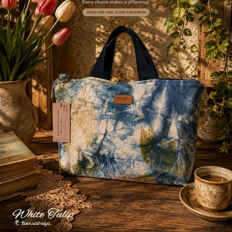 Tas Totebag kanvas ecoprint motif daun slingbag ecoprint white tulip bersahaja