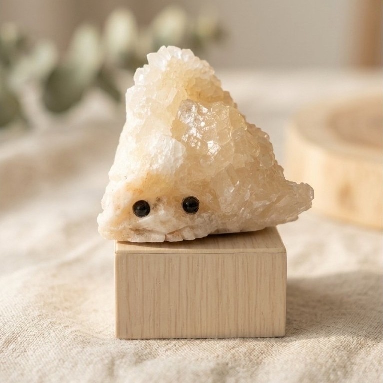 Natural White Calcite Crystal Hedgehog Cluster - Ukiran Landak Batu Alam Asli