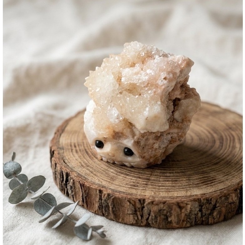Natural White Calcite Crystal Hedgehog Cluster - Ukiran Landak Batu Alam Asli