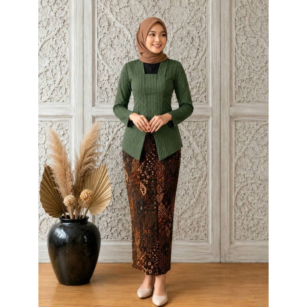 Setelan Kebaya lurik Hijau Abu dan  Rok Batik Plisket Wanita Dewasa Premium I Setelan Kebaya Lurik d