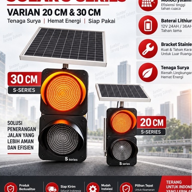Lampu Traffic Light Solar Cell Warning Light 20CM 30CM Lampu Peringatan Jalan LED Kuning Outdoor