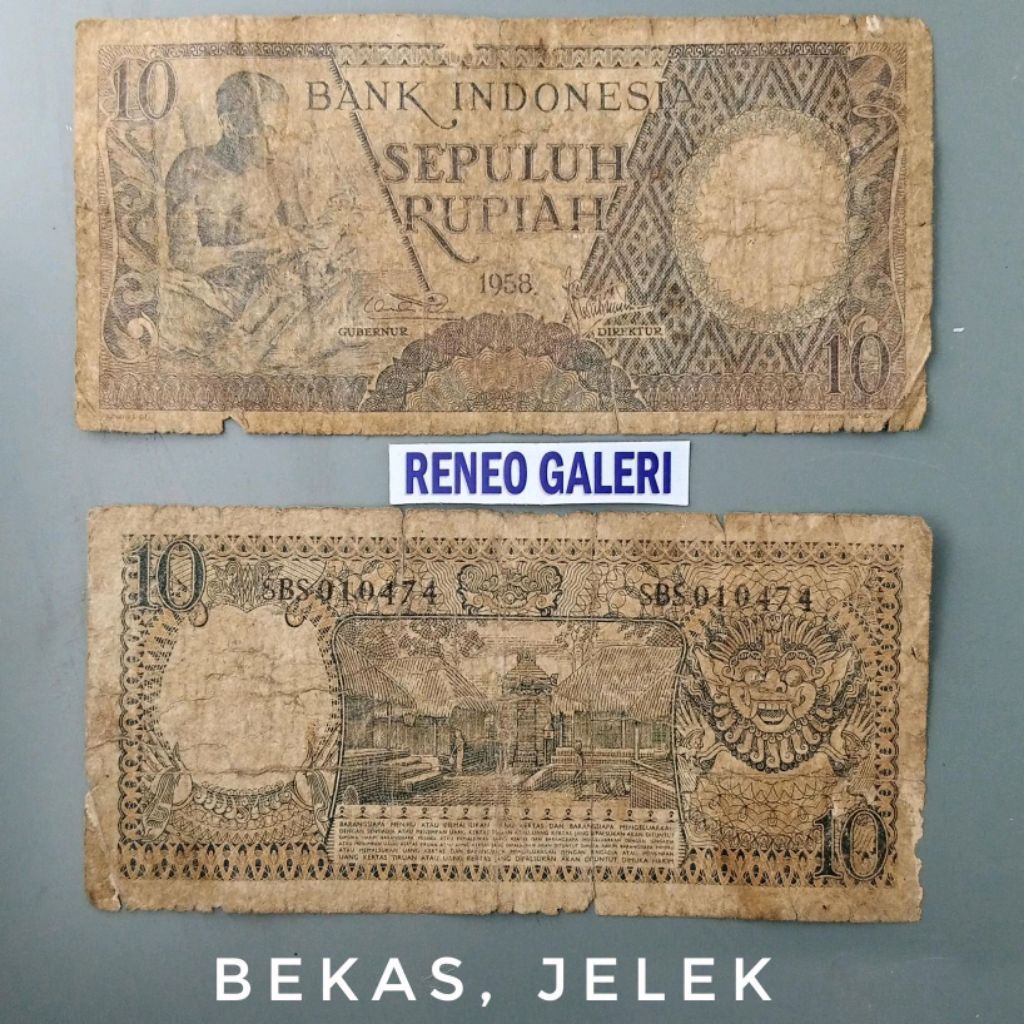 Jelek Asli 10 Rupiah Seri pekerja tangan tahun 1958 Rp Uang kertas kuno duit lama original Koleksi