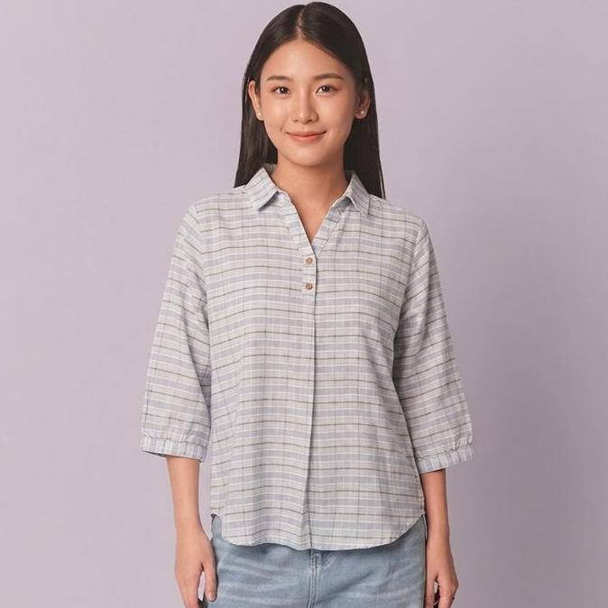 Rilley- Kemeja Sunday Blue Shirt Wanita Motif Plaid Lengan 7/8 Casual Premium
