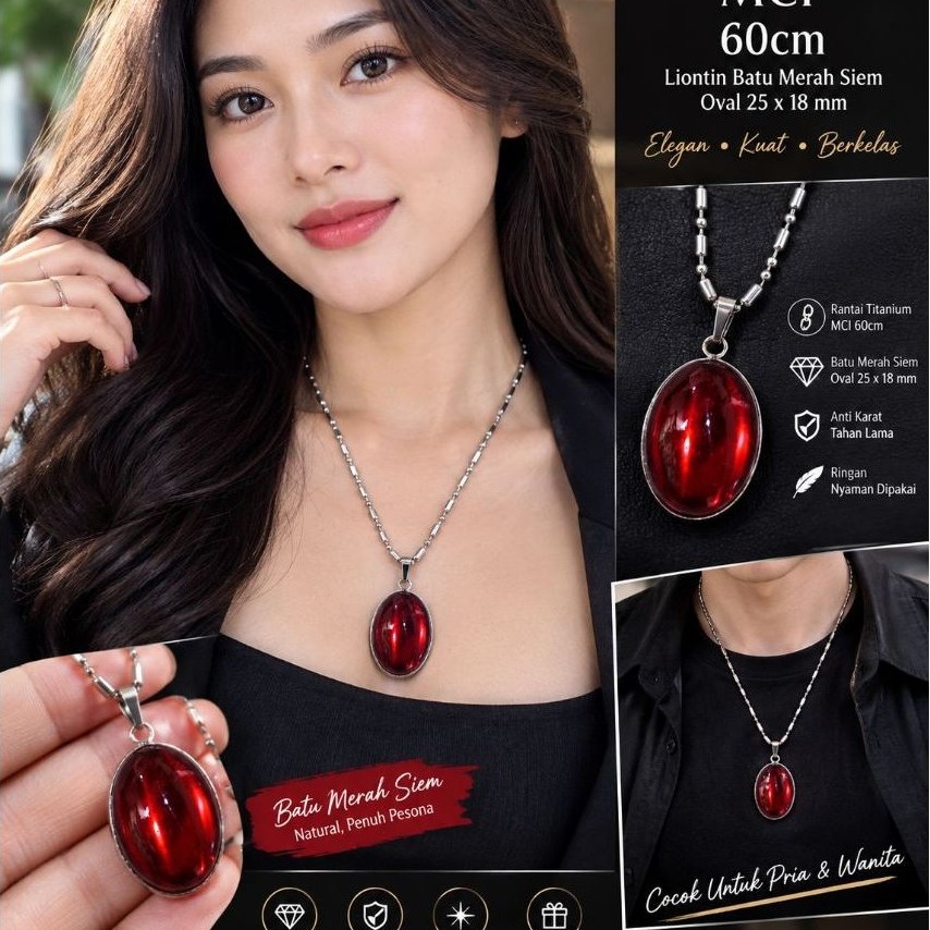 Kalung Titanium MCI Liontin Batu merah siem  25x18mm 60CM