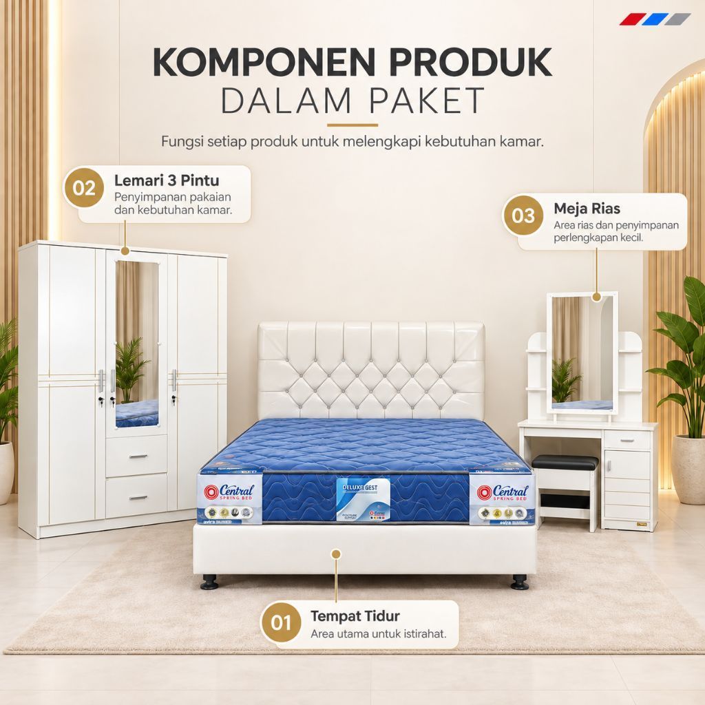 Set Kamar Lemari Pakaian 3 pintu Meja Rias dan Divan Springbed Central Termurah Terlaris Cirebon Pek