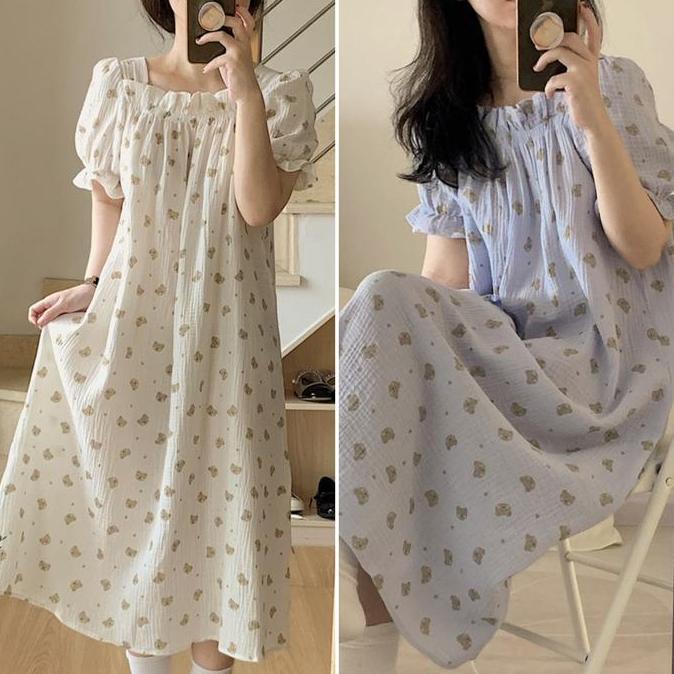 Baju Tidur Wanita Taemo Dress Sleepwear Daster Motif Bear Lucu Rok Tidur Kekinian Lengan Pendek