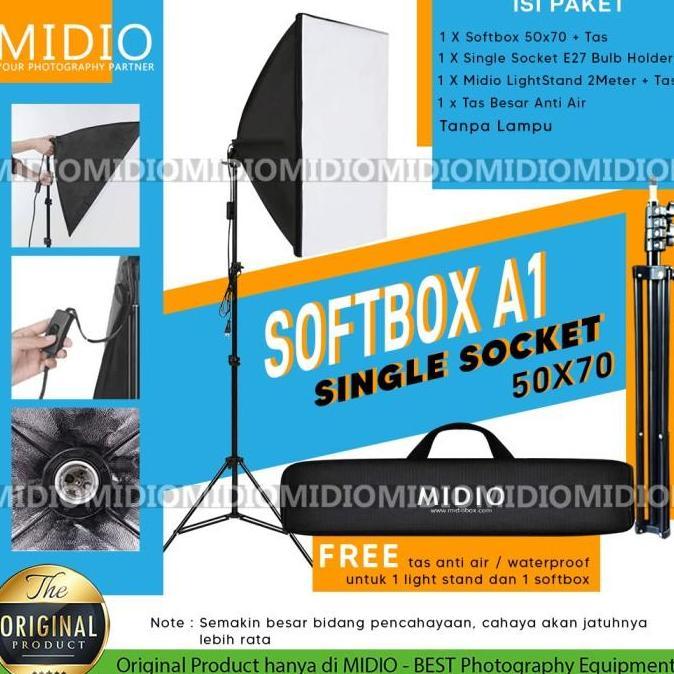 DF363 - Paket Studio Foto Midio A1 Softbox + Light Stand 2M + Socket E27 + Tas Besar Waterproof deng
